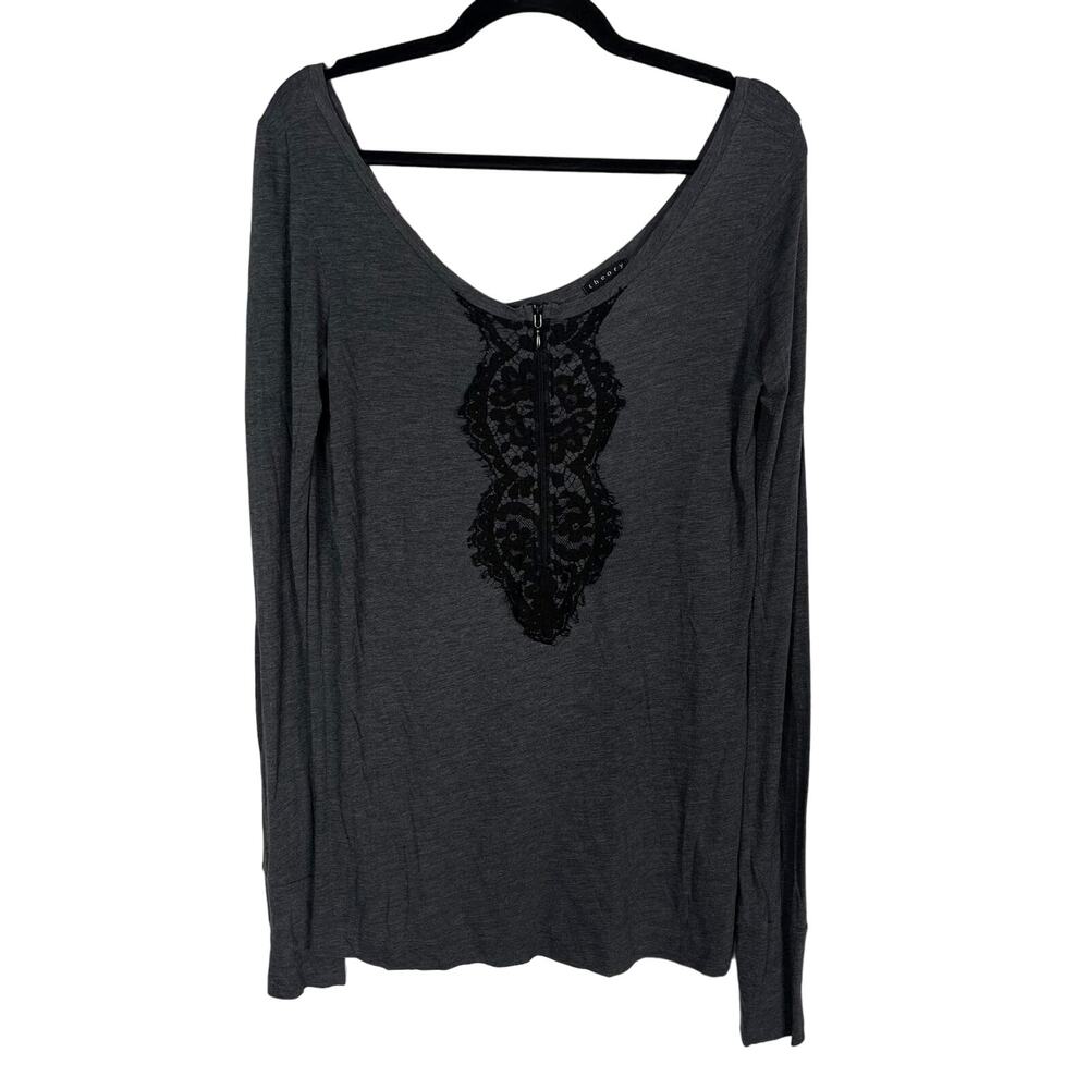Theory Womens M Gray Black Lace Applique VNeck Long Sleeve Top Pima Cotton Modal
